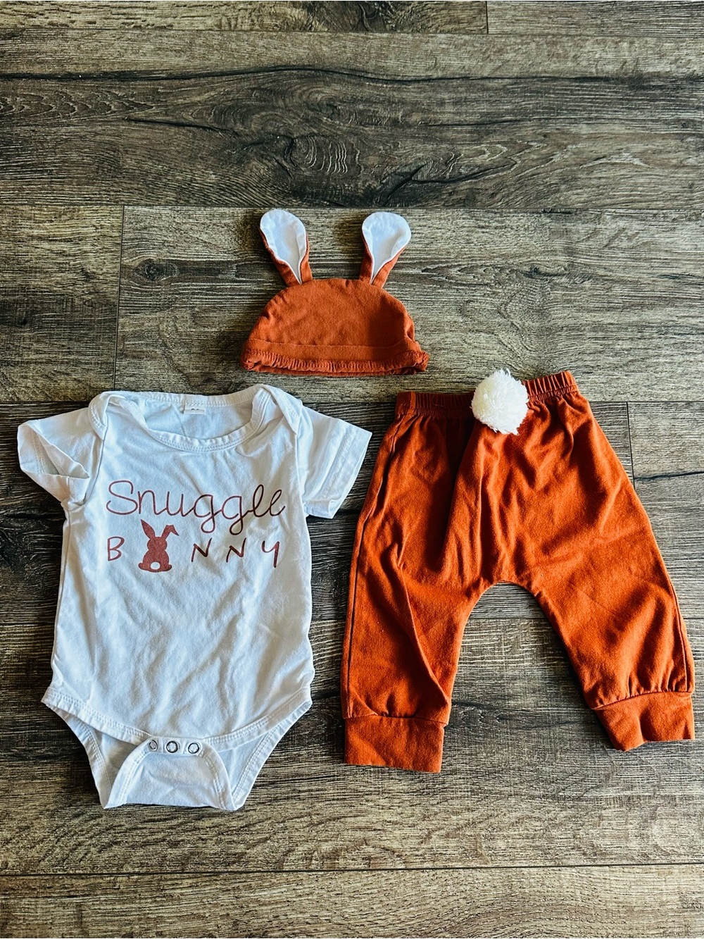 Snuggle Bunny Baby Outfit - White Bodysuit & Rust Bunny Hat + Pants 60/6 M